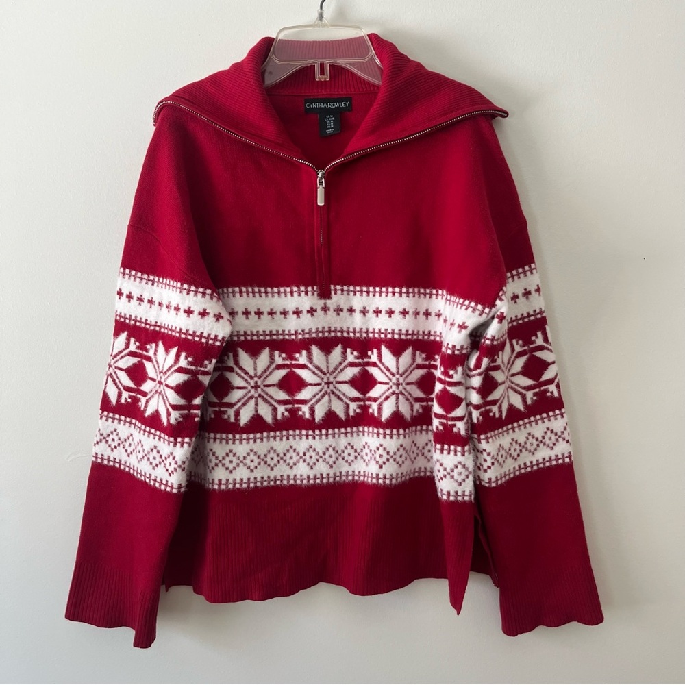Cynthia Rowley Fair Isle Sweater Medium Red Apres Ski Classic Winter Cabin